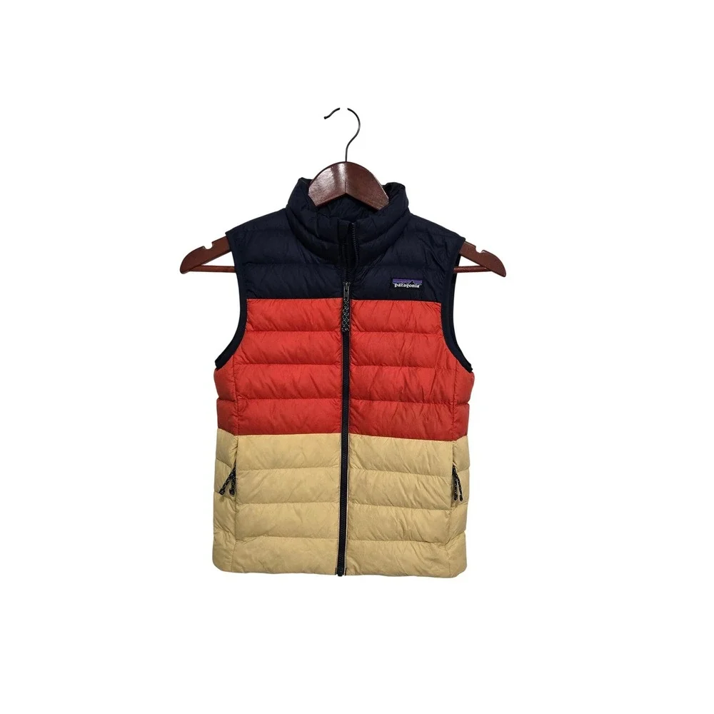 Patagonia Kids Down Sweater Vest Blue Red Tan Colorblock Puffer Small (7-8)